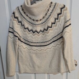 LOFT Cream and Black Patterned Turtleneck Sweater